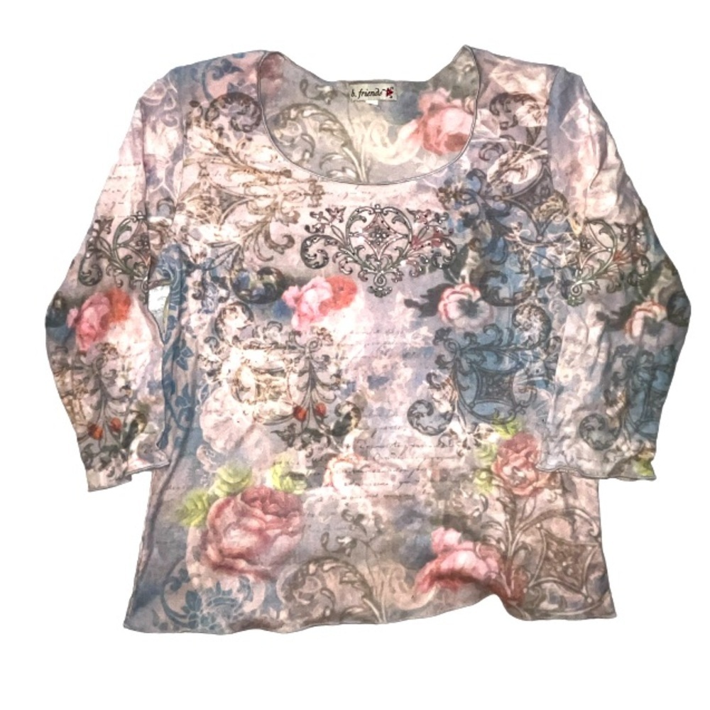 B. Friends Y2K Shirt Quarter Sleeve Floral Allover Graphic Print Size PXL